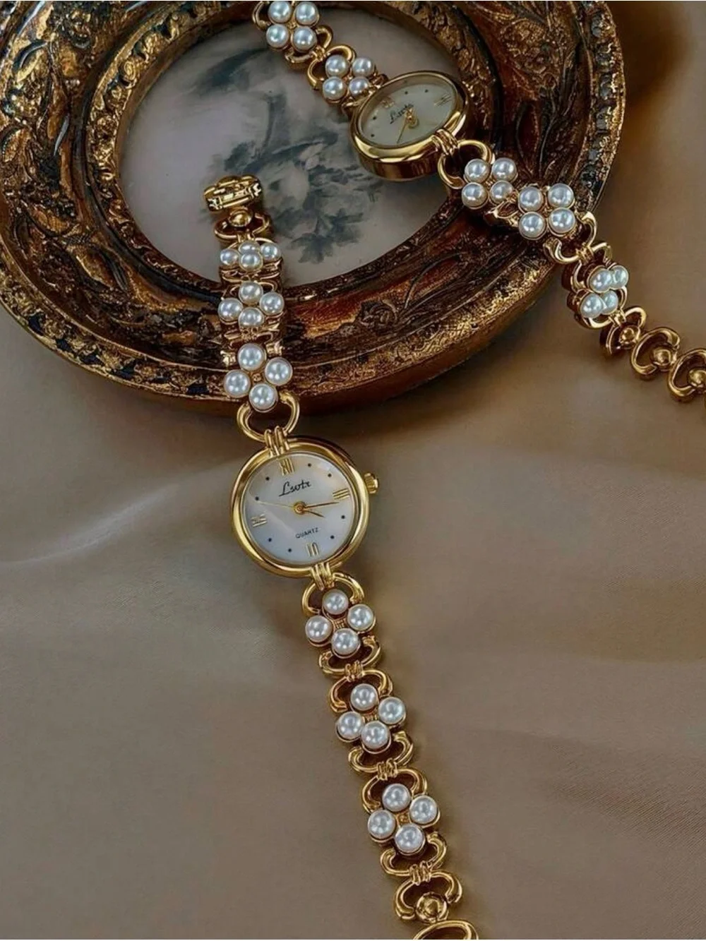 Anthropologie Gold Pearl Floral Link Watch